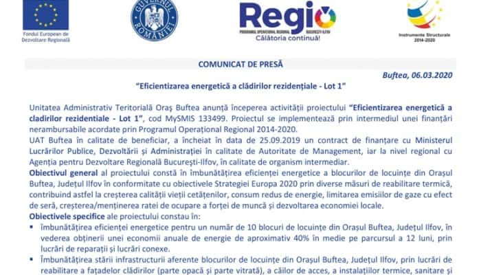 COMUNICAT DE PRESĂ - “Eficientizarea energetică a clădirilor rezidențiale - Lot 1”