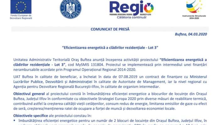 COMUNICAT DE PRESĂ - “Eficientizarea energetică a clădirilor rezidențiale - Lot 3”