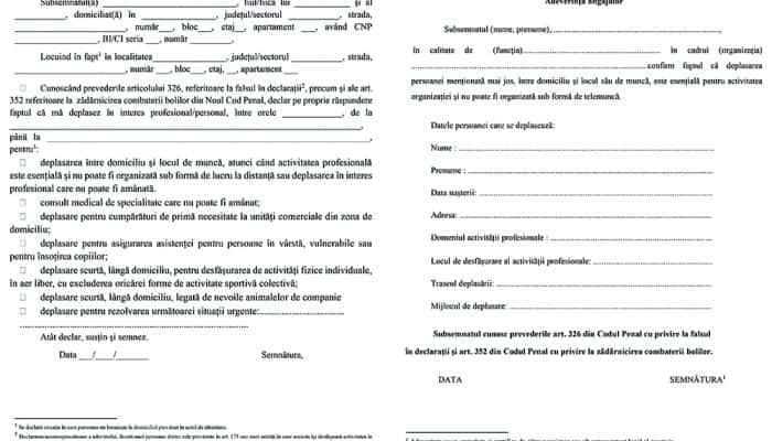 MODELUL declarației pe proprie răspundere referitoare la circulația persoanelor în afara locuinței/gospodăriei, conform Ordonanței Militare nr. 2 din 21.03.2020