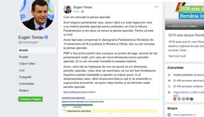 Eugen Tomac solicită eliminarea tuturor pensiilor speciale: “Să oprim risipa banilor”