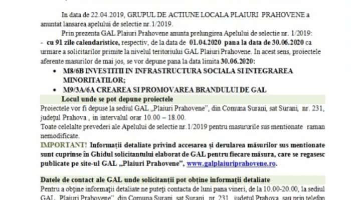 GRUPUL DE ACTIUNE LOCALA PLAIURI  PRAHOVENE - ANUNT PRIVIND PRELUNGIREA APELULUI DE SELECTIE NR.1/2019 