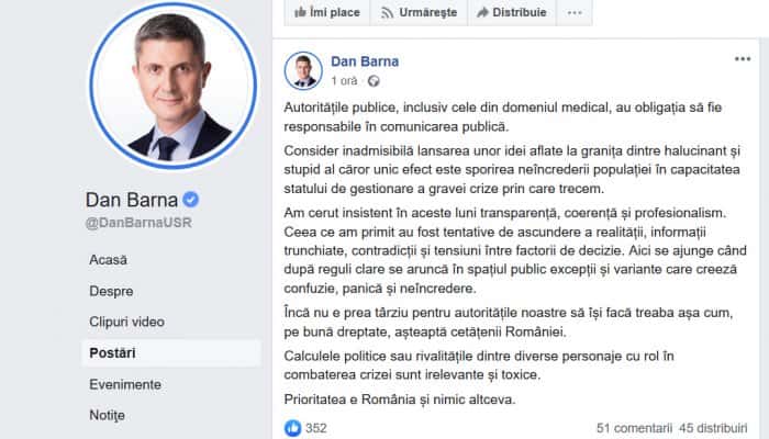 Dan Barna: Consider inadmisibilă lansarea unor idei aflate la graniţa dintre halucinant şi stupid