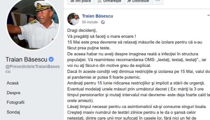 Traian Băsescu: Relaxarea măsurilor de izolare începând cu 15 mai - o mare eroare