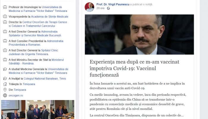 Anchetă la Timişioara, după ce profesorul Virgil Păunescu, şeful Institului OncoGen, a anunţat că şi-a administrat singur vaccinul antiCovid pe care l-a dezvoltat