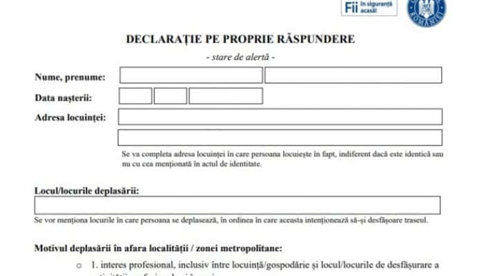 A fost publicat noul model al declarației pe proprie răspundere, valabil în perioada stării de alertă. Cine trebuie să completeze documentul