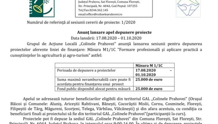 Anunţ lansare apel depunere proiecte GAL &quot;Colinele Prahovei&quot; - Măsura M1/1C “Formare profesională şi aplicare practică a cunoştiinţelor în agricultură şi agro-turism”