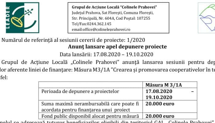 Anunţ lansare apel depunere proiecte - Măsura M3/1A ”Crearea și promovarea cooperativelor în teritoriul GAL’’ 