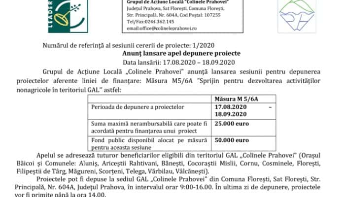 Anunţ lansare apel depunere proiecte GAL &quot;Colinele Prahovei&quot; - Măsura M5/6A ”Sprijin pentru dezvoltarea activităților nonagricole în teritoriul GAL’’