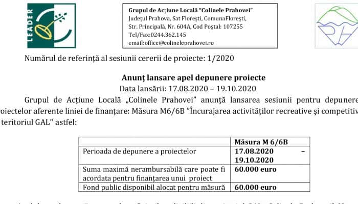 Anunţ lansare apel depunere proiecte - Măsura M6/6B ”Încurajarea activităților recreative și competitive în teritoriul GAL’’