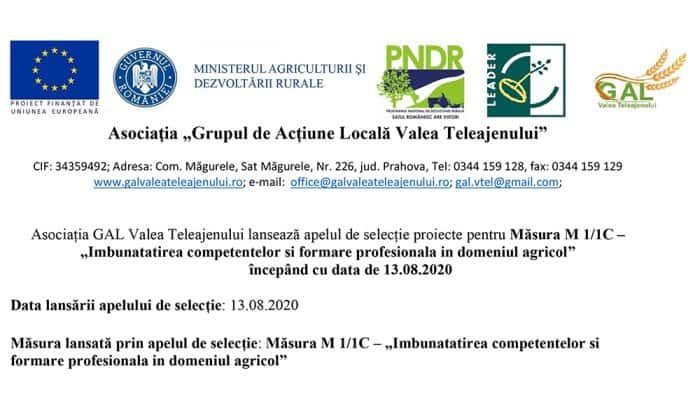 Asociația GAL Valea Teleajenului: Apel de selecție proiecte pentru Măsura M 1/1C – „Imbunatatirea competentelor si formare profesionala in domeniul agricol”