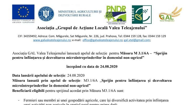 Asociația GAL Valea Teleajenului - Apel de selecție pentru Măsura M 3.1/6A –  “Sprijin pentru înființarea și dezvoltarea microîntreprinderilor în domeniul non-agricol”