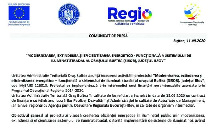 COMUNICAT DE PRESĂ: “MODERNIZAREA, EXTINDEREA ȘI EFICIENTIZAREA ENERGETICO - FUNCȚIONALĂ A SISTEMULUI DE ILUMINAT STRADAL AL ORAȘULUI BUFTEA (SISOB), JUDEȚUL ILFOV”