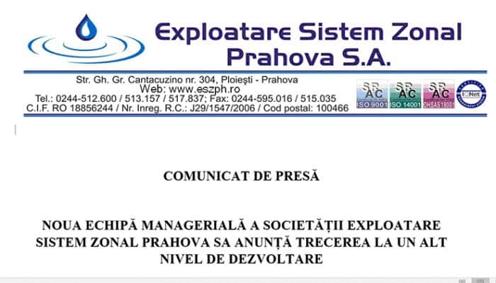 COMUNICAT DE PRESĂ: NOUA ECHIPĂ MANAGERIALĂ A SOCIETĂȚII EXPLOATARE SISTEM ZONAL PRAHOVA SA ANUNȚĂ TRECEREA LA UN ALT NIVEL DE DEZVOLTARE