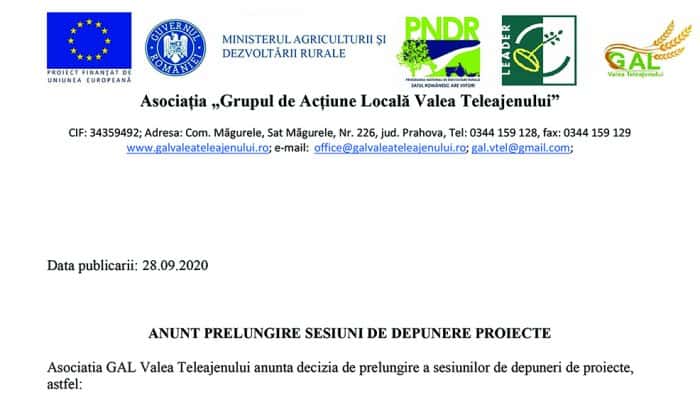 ANUNT PRELUNGIRE SESIUNI DE DEPUNERE PROIECTE: Masura M3.1/6A „Sprijin pentru infiintarea si dezvoltarea microintreprinderilor in domeniul non-agricol”