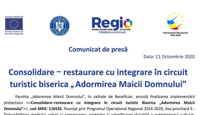 Comunicat de presă: Consolidare – restaurare cu integrare în circuit turistic biserica „Adormirea Maicii Domnului”