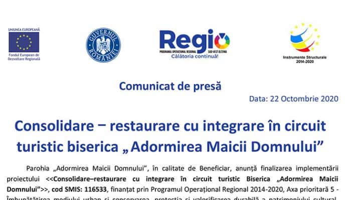 Comunicat de presă: Consolidare – restaurare cu integrare în circuit turistic biserica „Adormirea Maicii Domnului”