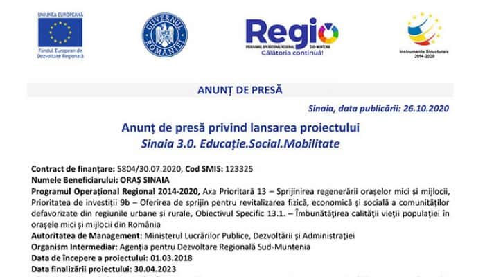 Anunț de presă privind lansarea proiectului Sinaia 3.0. Educație.Social.Mobilitate