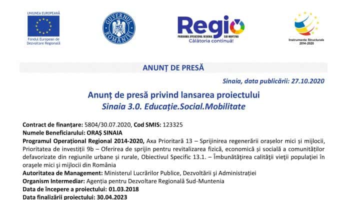 Anunț de presă privind lansarea proiectului Sinaia 3.0. Educație.Social.Mobilitate 