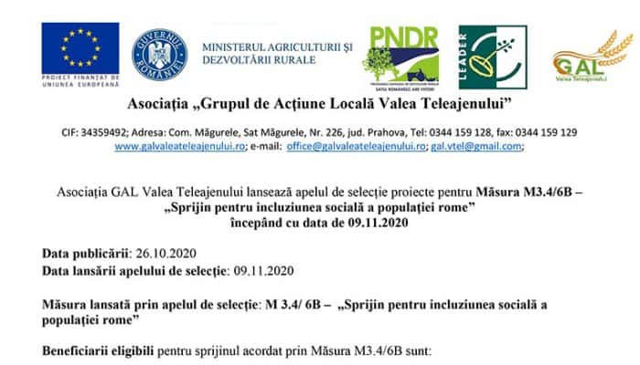 Asociația GAL Valea Teleajenului: Măsura M3.4/6B – „Sprijin pentru incluziunea socială a populației rome” începând cu data de 09.11.2020