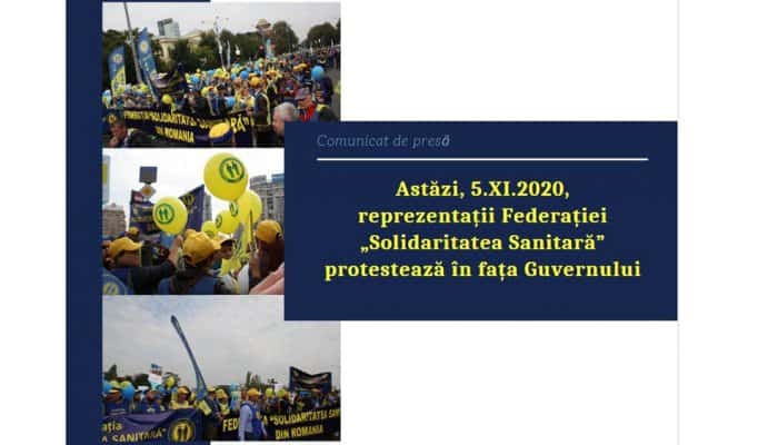 Protest al reprezentanţilor Federaţiei Solidaritatea Sanitară, joi, în fața sediului Guvernului