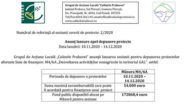 Grupul de Acţiune Locală „Colinele Prahovei” anunţă lansarea sesiunii pentru depunerea proiectelor aferente linie de finanţare: M4/6A ,,Dezvoltarea activităților nonagricole în teritoriul GAL”