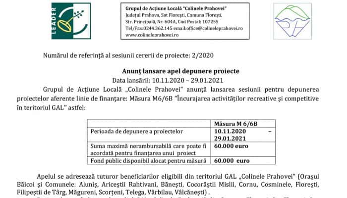 Grupul de Acţiune Locală „Colinele Prahovei” anunţă lansarea sesiunii pentru depunerea proiectelor aferente linie de finanţare: Măsura M6/6B ”Încurajarea activităților recreative și competitive în teritoriul GAL’’ 