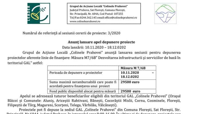 Grupul de Acţiune Locală „Colinele Prahovei” anunţă lansarea sesiunii pentru depunerea proiectelor aferente linie de finanţare: Măsura M7/6B” Dezvoltarea infrastructurii și serviciilor de bază în teritoriul GAL