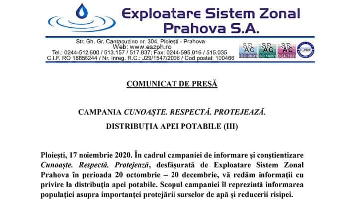 COMUNICAT DE PRESĂ: CAMPANIA CUNOAȘTE. RESPECTĂ. PROTEJEAZĂ.  DISTRIBUȚIA APEI POTABILE (III)