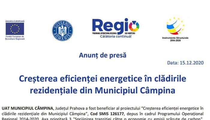 Anunț de presă: Creșterea eficienței energetice în clădirile rezidențiale din Municipiul Câmpina