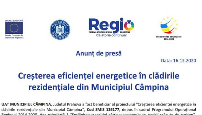 Anunț de presă: Creșterea eficienței energetice în clădirile rezidențiale din Municipiul Câmpina