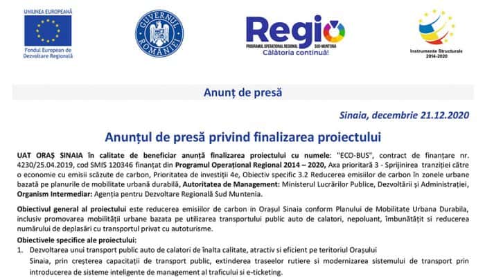 Anunț de presă Sinaia, decembrie 21.12.2020