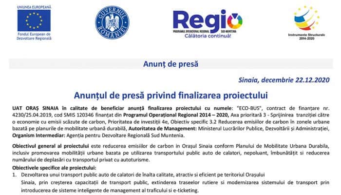 Anunț de presă - Sinaia, decembrie 22.12.2020