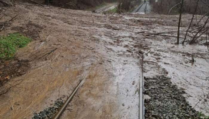 Tren de călători deraiat, după ce terasamentul s-a umplut cu aluviuni. CFR asigură transbordarea oamenilor