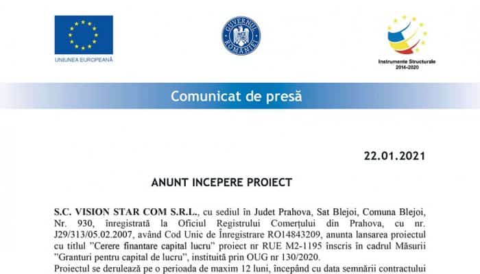 ANUNT INCEPERE PROIECT: ”Cerere finantare capital lucru”