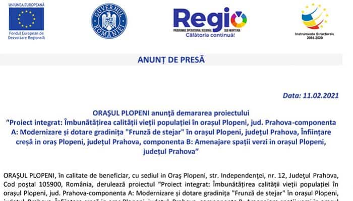 ANUNȚ DE PRESĂ: ORAŞUL PLOPENI anunţă demararea proiectului “Proiect integrat: Îmbunătățirea calității vieții populației în orașul Plopeni, jud. Prahova