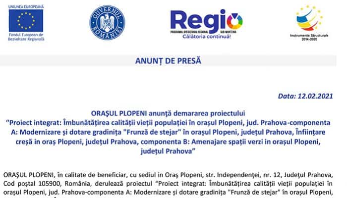 ANUNȚ DE PRESĂ: ORAŞUL PLOPENI anunţă demararea proiectului “Proiect integrat: Îmbunătățirea calității vieții populației în orașul Plopeni, jud. Prahova 