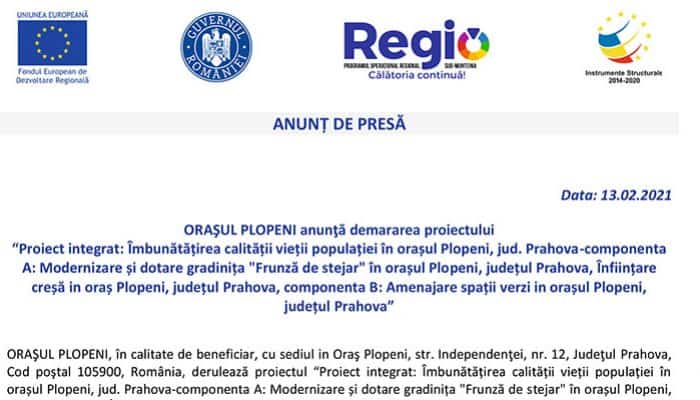 ANUNȚ DE PRESĂ: ORAŞUL PLOPENI anunţă demararea proiectului “Proiect integrat: Îmbunătățirea calității vieții populației în orașul Plopeni, jud. Prahova