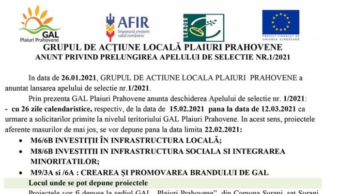 ANUNT PRIVIND PRELUNGIREA APELULUI DE SELECTIE NR.1/2021