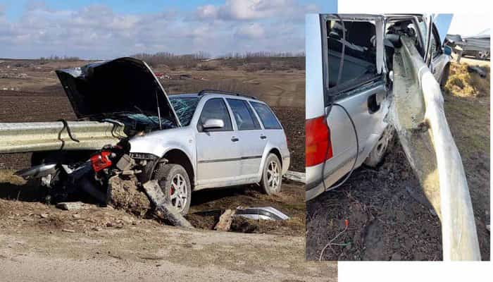 Accident incredibil: Mașină străpunsă de un parapet metalic