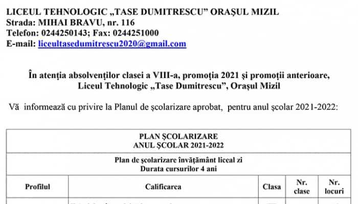 În atenṭia absolvenṭilor clasei a VIII-a, promoṭia 2021 și promoṭii anterioare, Liceul Tehnologic „Tase Dumitrescu”, Orașul Mizil