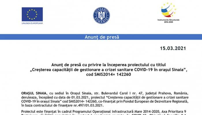 Anunţ de presă cu privire la începerea proiectului cu titlul „Creșterea capacității de gestionare a crizei sanitare COVID-19 în orașul Sinaia”, cod SMIS2014+ 142260