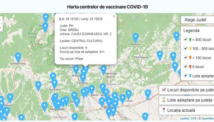 HARTA INTERACTIVĂ a centrelor de vaccinare este operațională! Platforma precizează, pentru fiecare, tipul de vaccin și numărul de persoane în așteptare