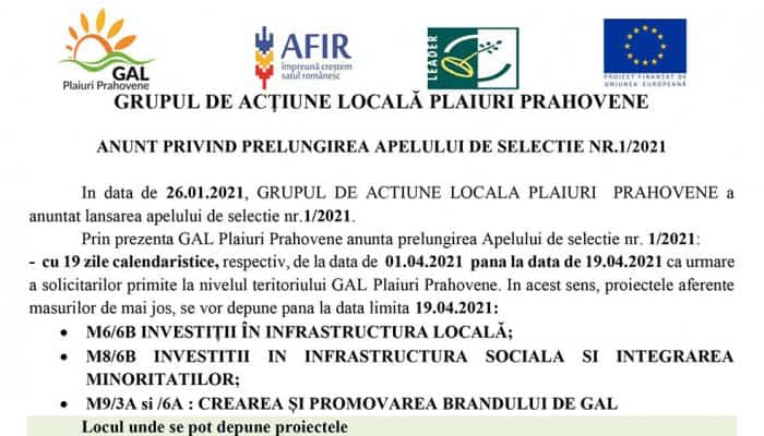 GRUPUL DE ACTIUNE LOCALA PLAIURI  PRAHOVENE: ANUNT PRIVIND PRELUNGIREA APELULUI DE SELECTIE NR.1/2021