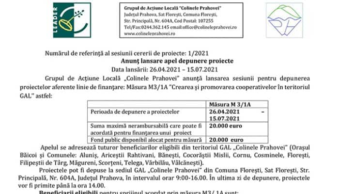 Anunţ lansare apel depunere proiecte: Măsura M3/1A ”Crearea și promovarea cooperativelor în teritoriul GAL’’