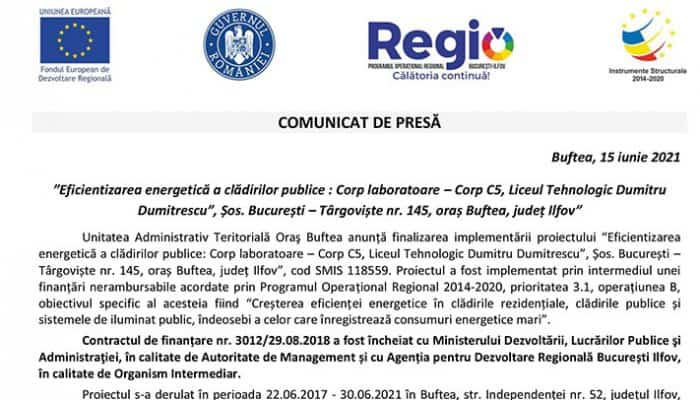 COMUNICAT DE PRESĂ: ”Eficientizarea energetică a clădirilor publice : Corp laboratoare – Corp C5, Liceul Tehnologic Dumitru Dumitrescu”, Șos. București – Târgoviște nr. 145, oraș Buftea, județ Ilfov”