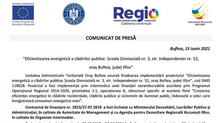 COMUNICAT DE PRESĂ: ”Eficientizarea energetică a clădirilor publice: Școala Gimnazială nr. 3, str. Independenței nr. 52,  oraș Buftea, județ Ilfov”