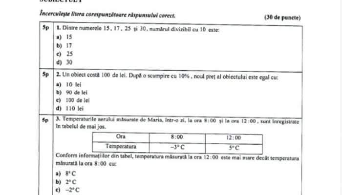 EN 2021 | Varianta 3 de subiecte, extrasă pentru proba de joi. Candidații au avut de rezolvat itemi tip grilă și la Matematică