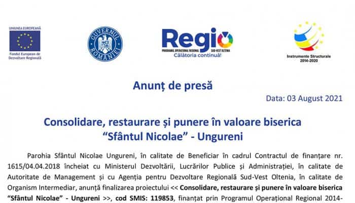 Anunț de presă: Consolidare, restaurare și punere în valoare biserica “Sfântul Nicolae” - Ungureni