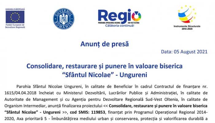 Anunț de presă: Consolidare, restaurare și punere în valoare biserica “Sfântul Nicolae” - Ungureni