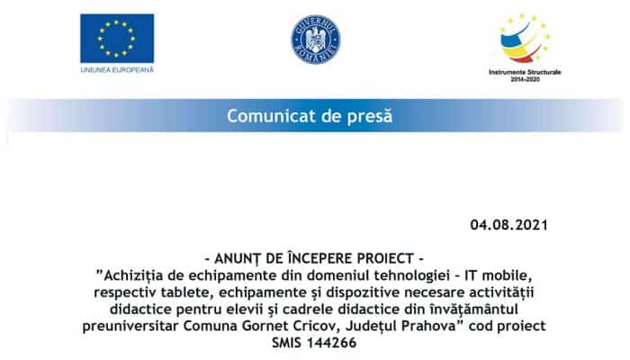 COMUNICAT DE PRESĂ: Comuna Gornet Cricov - ANUNȚ DE ÎNCEPERE PROIECT